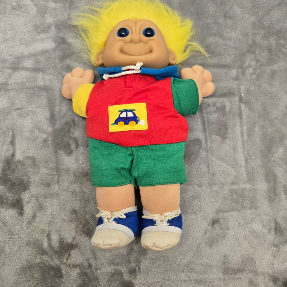Russ Berrie Plush Troll Doll Yellow Hair Red Hoodie Green Shorts Blue Eyes 1990s